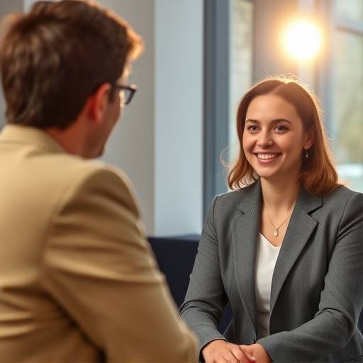 A candidate confidently answering a behavioral interview question during a job interview.