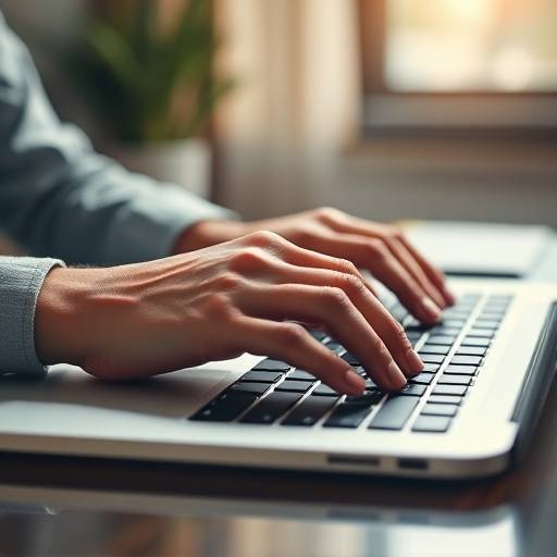 A close-up view of a person's hands typing on a laptop, focused on creating a professional resume.