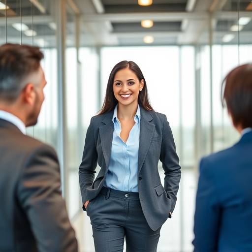 A confident candidate walking into a job interview, radiating positive energy and preparedness.