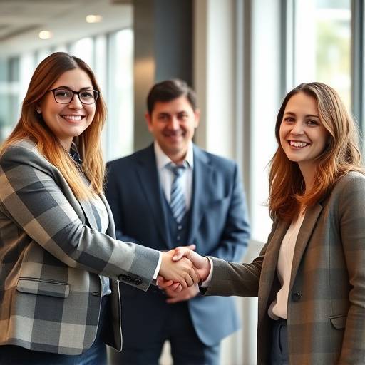 Two professionals smiling and shaking hands after a successful job interview. One is seated at a desk, likely the interviewer, and the other is standing, presumably the interviewee. They both appear happy and confident.